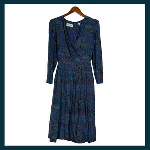 Vintage Albert Nipon Silk Midi Dress Blue Floral Paisley Pleated 90s Size 2